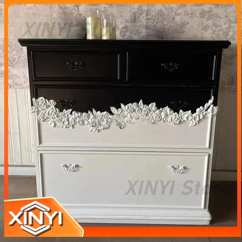 French Retro Solid Wood Carving Flower Chest for Porch Storage Black and White Double Color Art Drawer