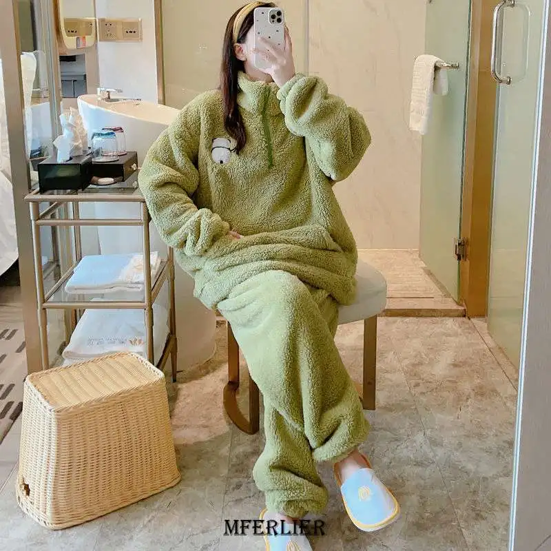 Plus Size 6XL 150kg Winter Warm Coral Fleece Pajamas Sets Long Sleeve Top And Pants Sleepwear Suit Women Female  Warm Homewear