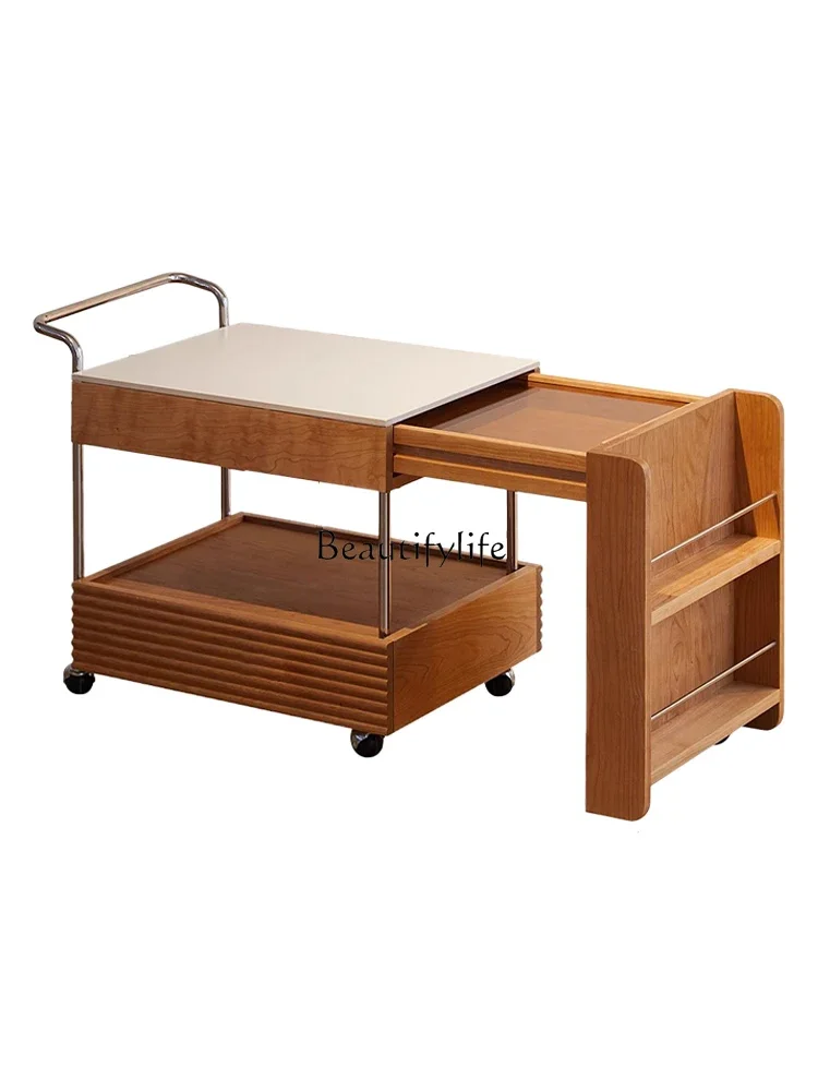 Scandinavische kersenhouten salontafel woonkamer Japanse beweegbare trolley theekast met rotsplaat