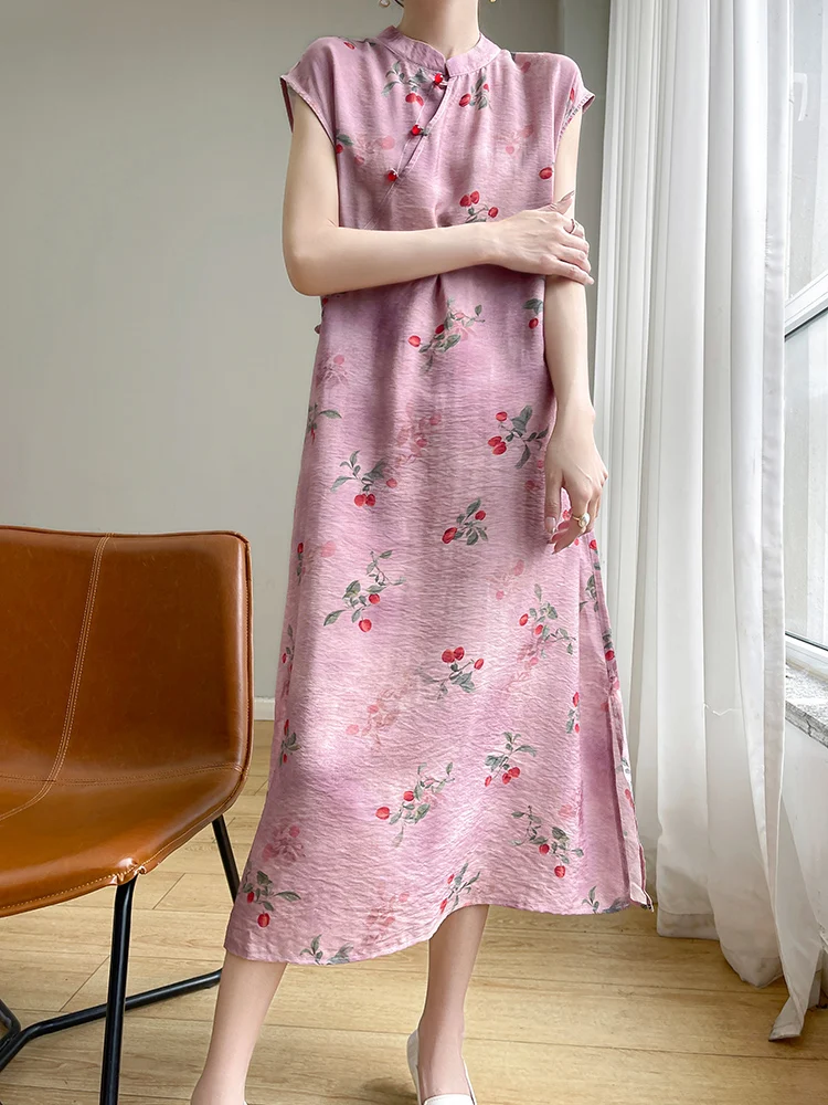 Novo chinês sle reformado dr feminino verão fino cetim impressão saia longa efeito de emagrecimento sob cerejeira