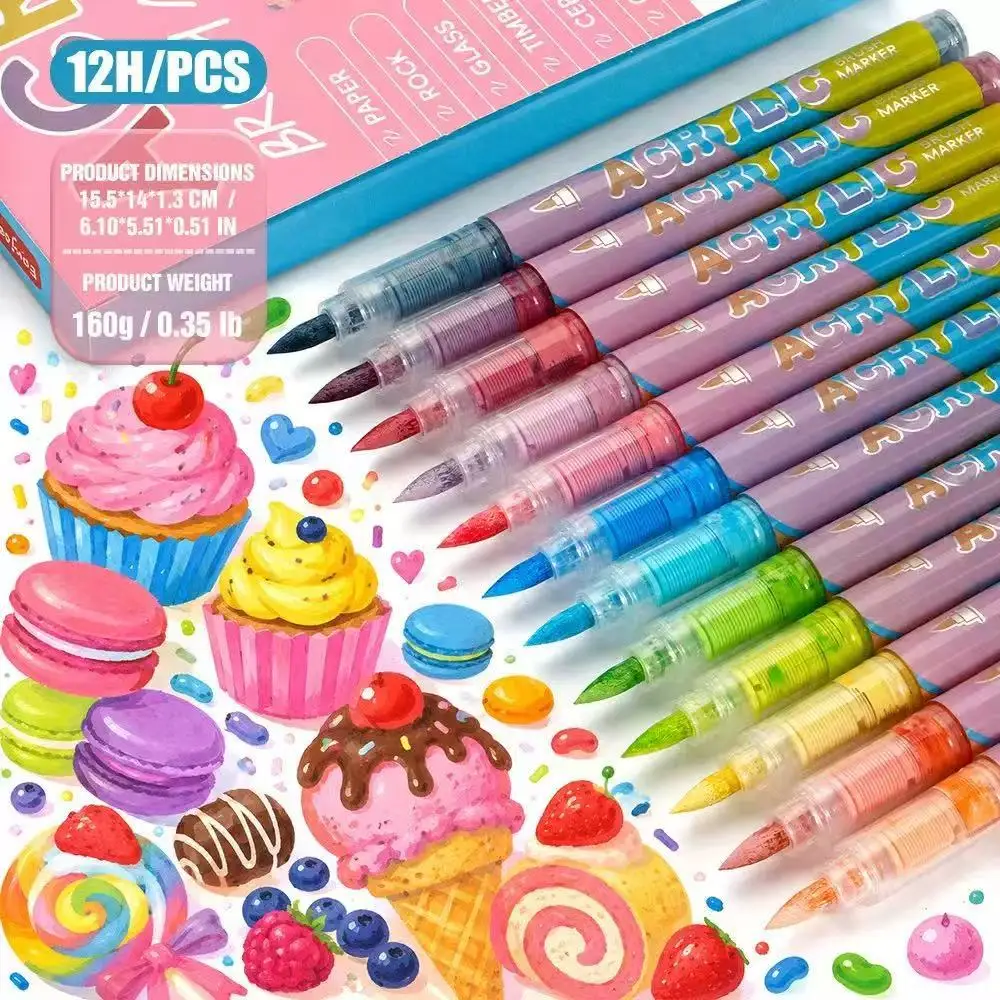 12Pcs Macaron Series Acrylic Paint Marker Pen Set Soft Brush Tip Direct‑liquid Acrylic Markers for Rock Stone Ceramic Stationery