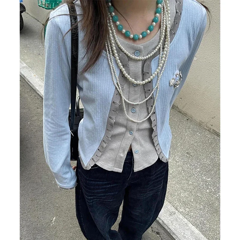 

Vintage Cropped Jacket Women Streetwear Beading Patchwork Coat Autumn Harajuku Korean Long Sleeve Design Short Outerwears Blusas