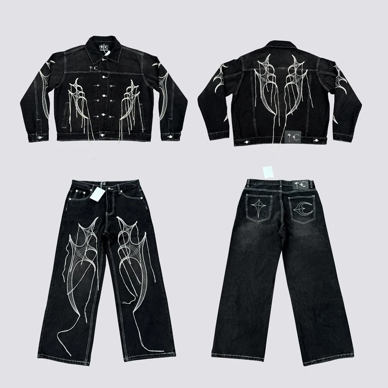 

Осенне-зимняя модная новая клубная куртка Thug в стиле ретро, черный металлический логотип, джинсовое пальто с вышитыми карманами и кисточками, джинсы для мужчин