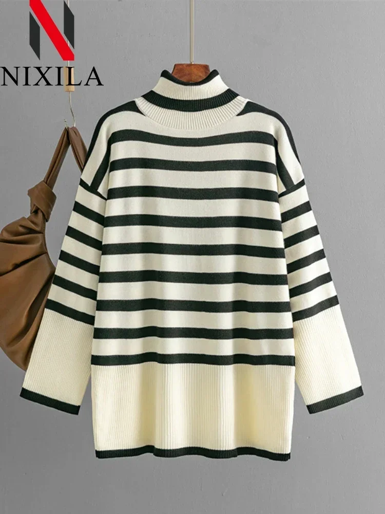 بلوفرات نسائية مخططة للخريف والشتاء بياقة عالية سترة فضفاضة غير رسمية بأكمام طويلة قمصان أنيقة ملابس نسائية