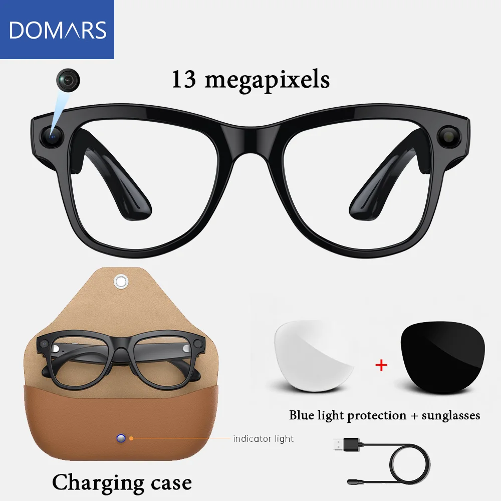 Domars AI Smart Glasses 13MP HD Camera Video Recording Voice Calls Real-time Translation with Charging Case and Dual Lenses