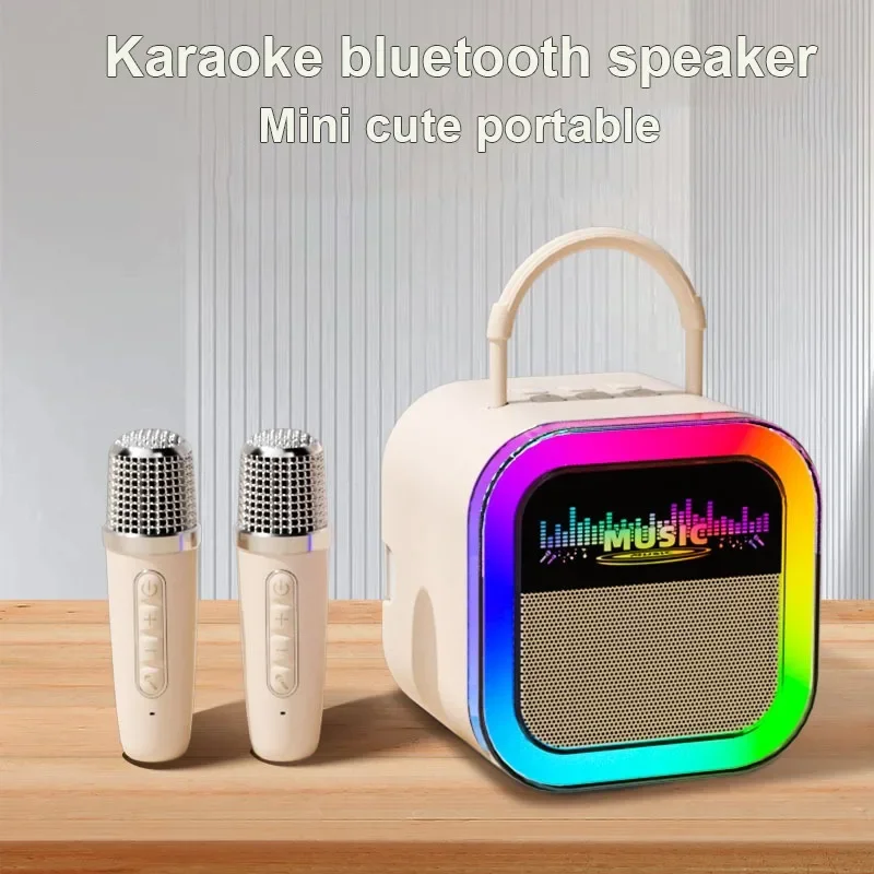 

K12 Plus Mini Kraoke Speaker Bluetooth with 2 Wireless Mics HIFI Stereo Family KTV Audio Set with Cool RGB Light Children's Gift