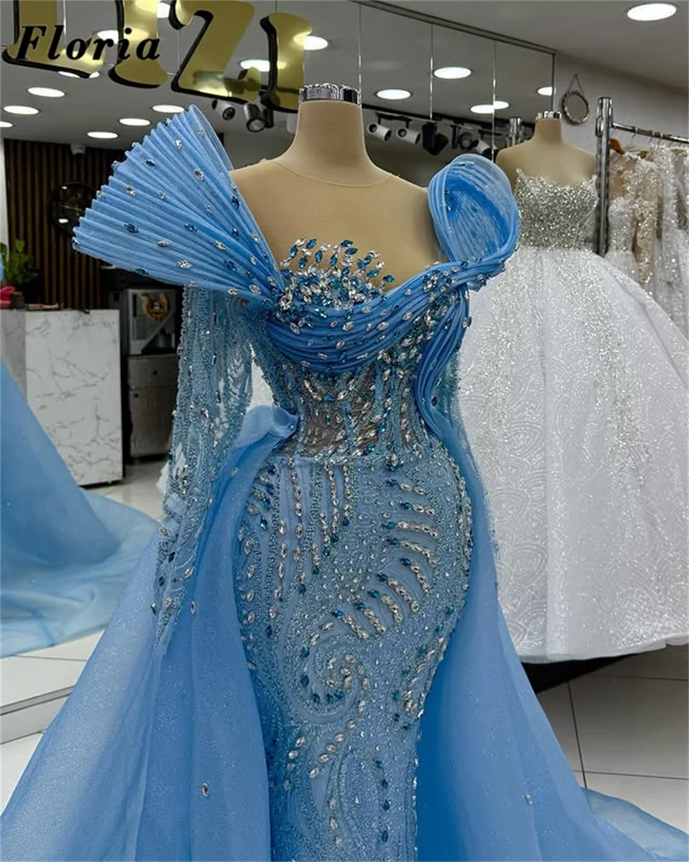 

Blue Beading Ruffles Evening Dresses Detachable Skirt Customized Wedding Party Dress Cocktail Dress For Prom Robes De Soiree