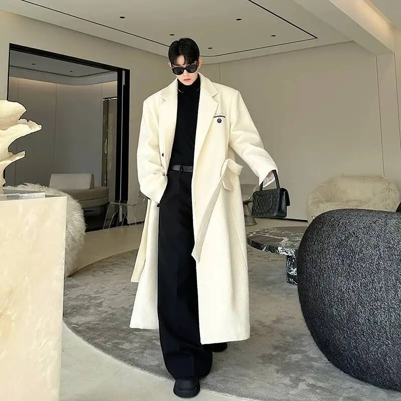 Cappotti di lana da uomo di design coreano Casual ispessito con lacci ricamato monopetto bavero lungo trincea maschile Nuovo