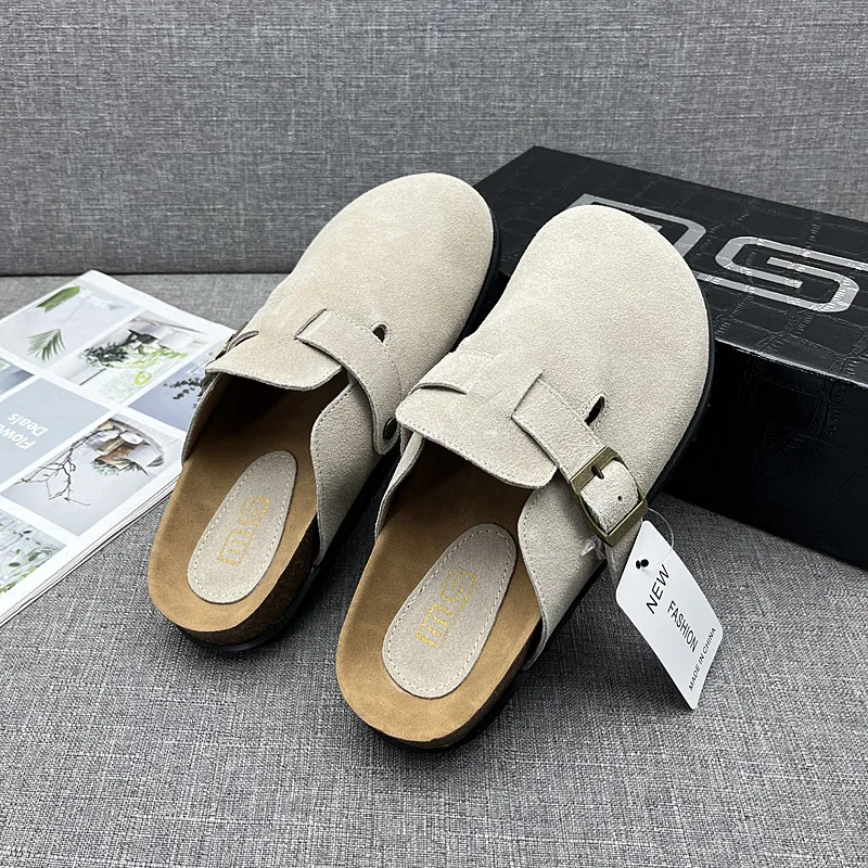 Birkenstocks Fashion Women's Closed Toe Buckle Flat Clogs Cork Insole Sandals Thick Sole Outdoor Street Women's Slippers