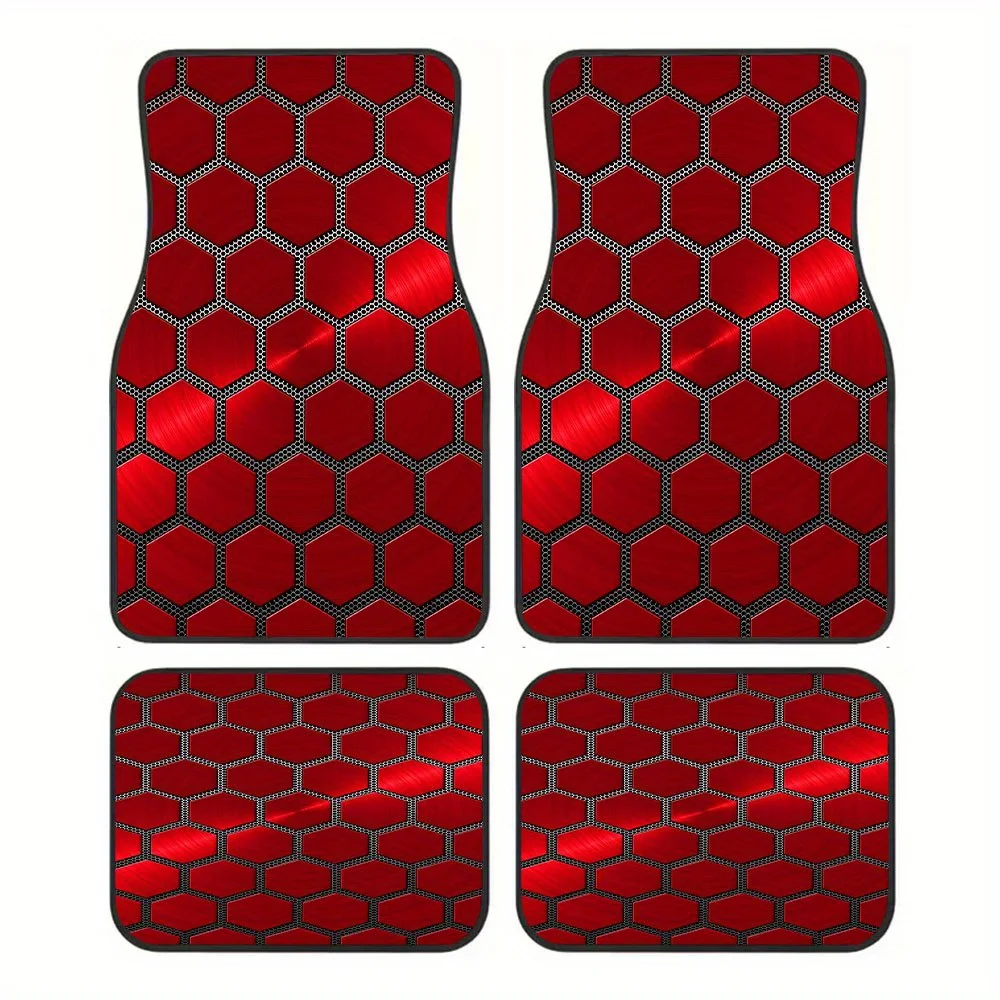 

4pcs Red Honeycomb Pattern Car Floor Mats With Front And Rear Seat Covers, Suitable For Sedans, Trucks, SUVs, Metallic Texture D
