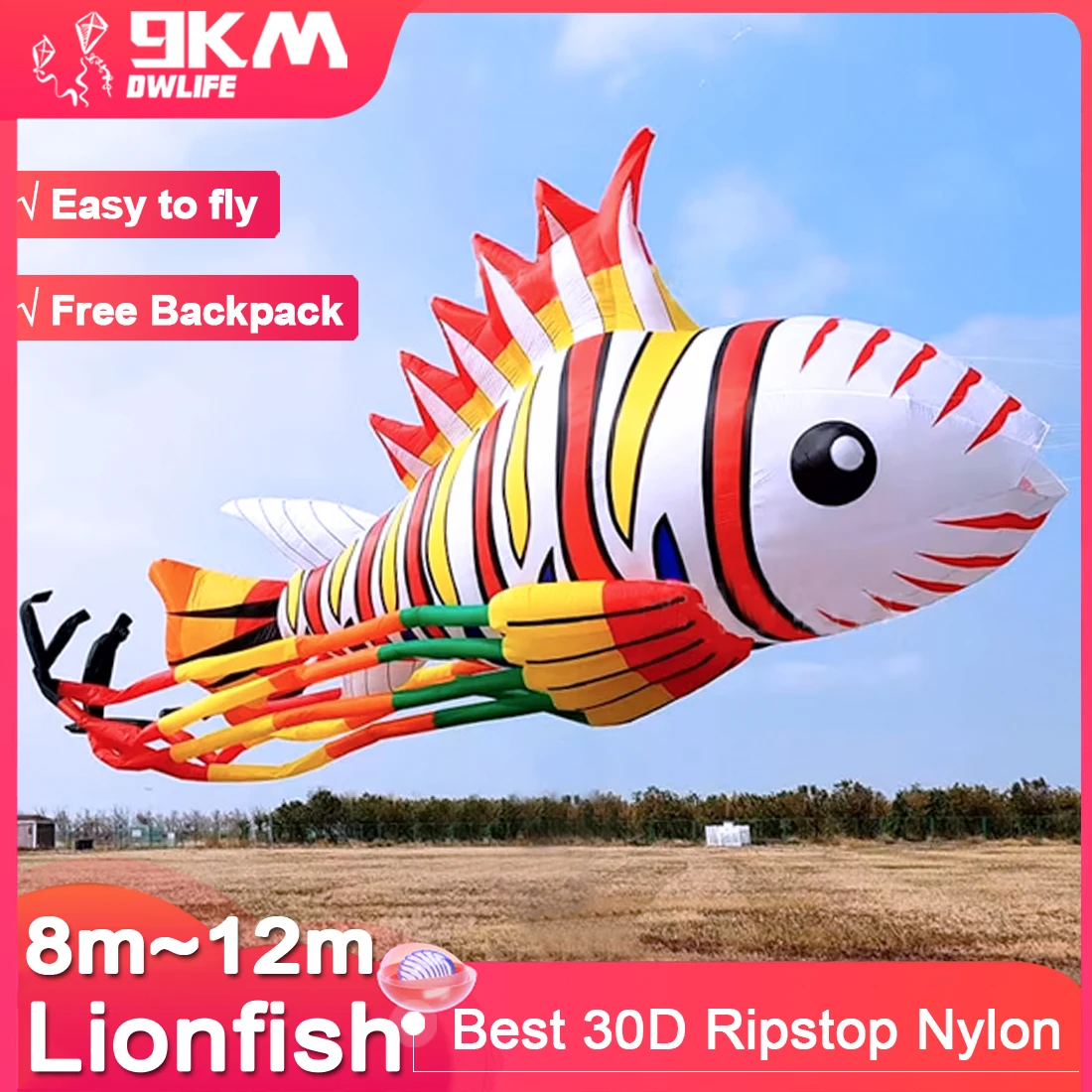 9KM 8m~12m Colorful Lionfish Kite Line Laundry Kite Soft Inflatable 30D Ripstop Nylon with Bag for Kite Festival