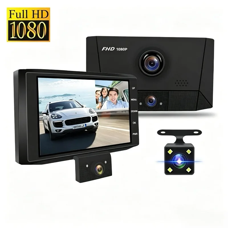 4.0 Inch Triple Lens Dash Cam Front and Rear Inside, 1080P Full HD 3-Channel Car Recorder with Reverse Camera & Parking Monitor