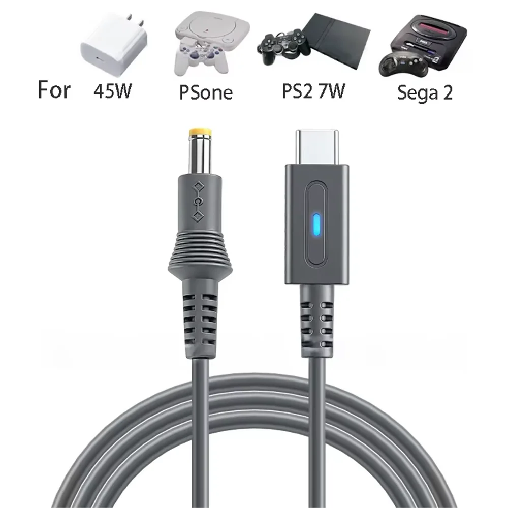 1.8m Type C 45W PD Charge Cable for PS One Sega Mega Drive 2 PS2 7W USB C Gaming Power Supply Cord Charging Game Controller Wire