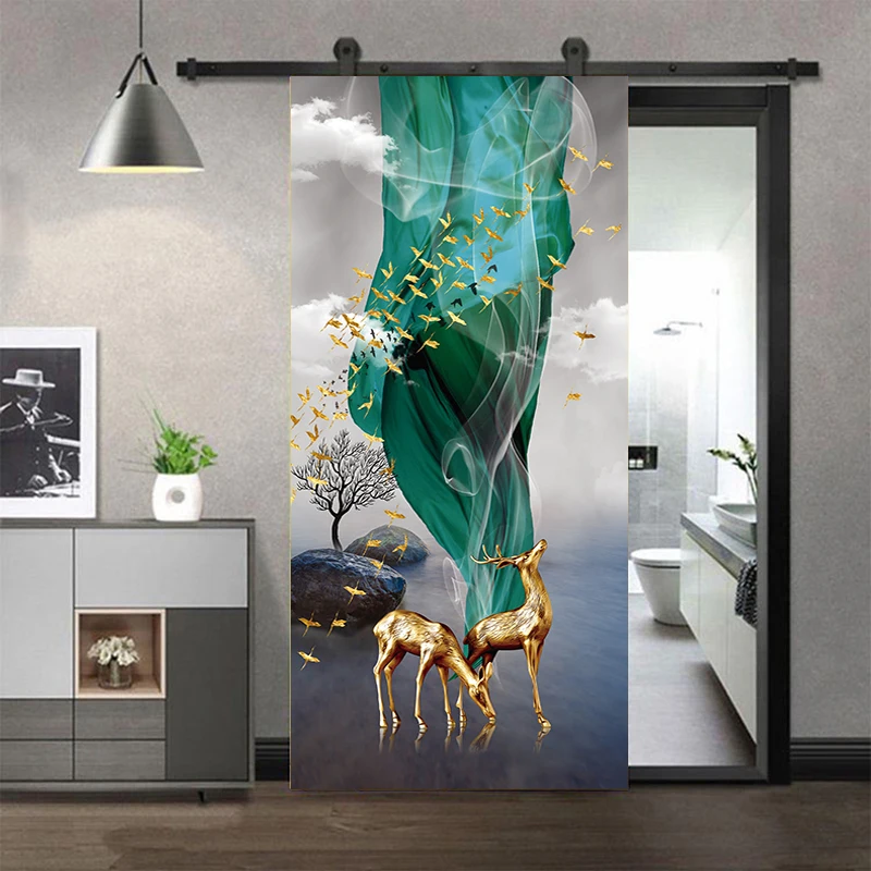 Light Luxury Door Stickers Abstract Line Wall Art Mural 3D Wallpaper Vinyl PVC Whole Door Wrap Cover Renovation Home Decorations