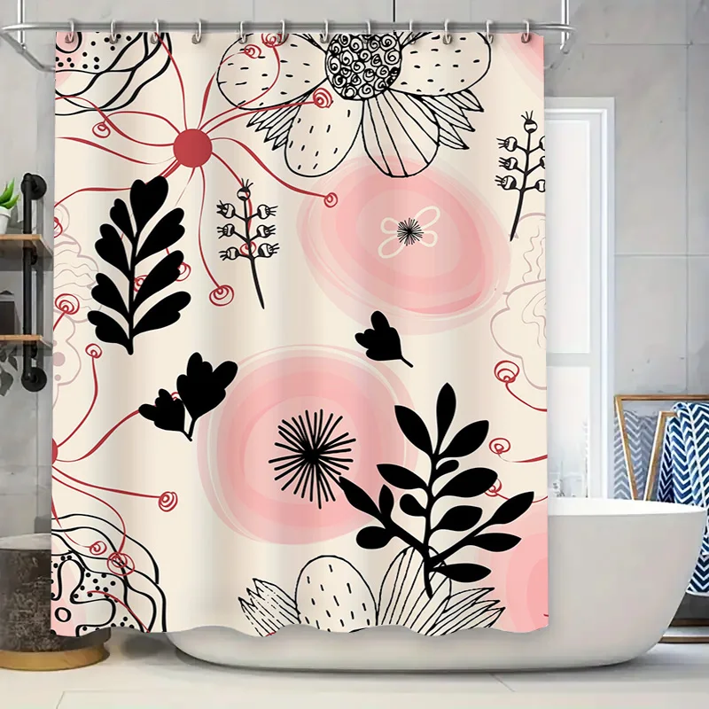 Abstract Floral Print Shower Curtain Pink Black Water Resistant Bath Decoration for Home Bathroom Accessories Set would be a sui