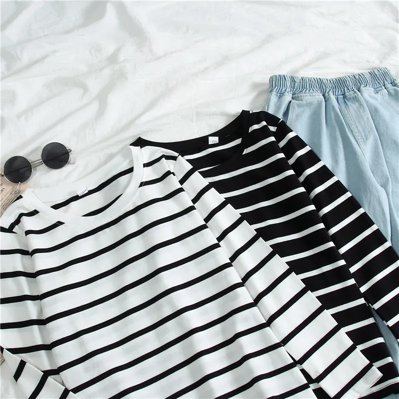 2024 Spring Autumn Tops Tees New Black White Striped Bottom Shirt Women Long Sleeve Korean Loose Versatile Student Top T-Shirts