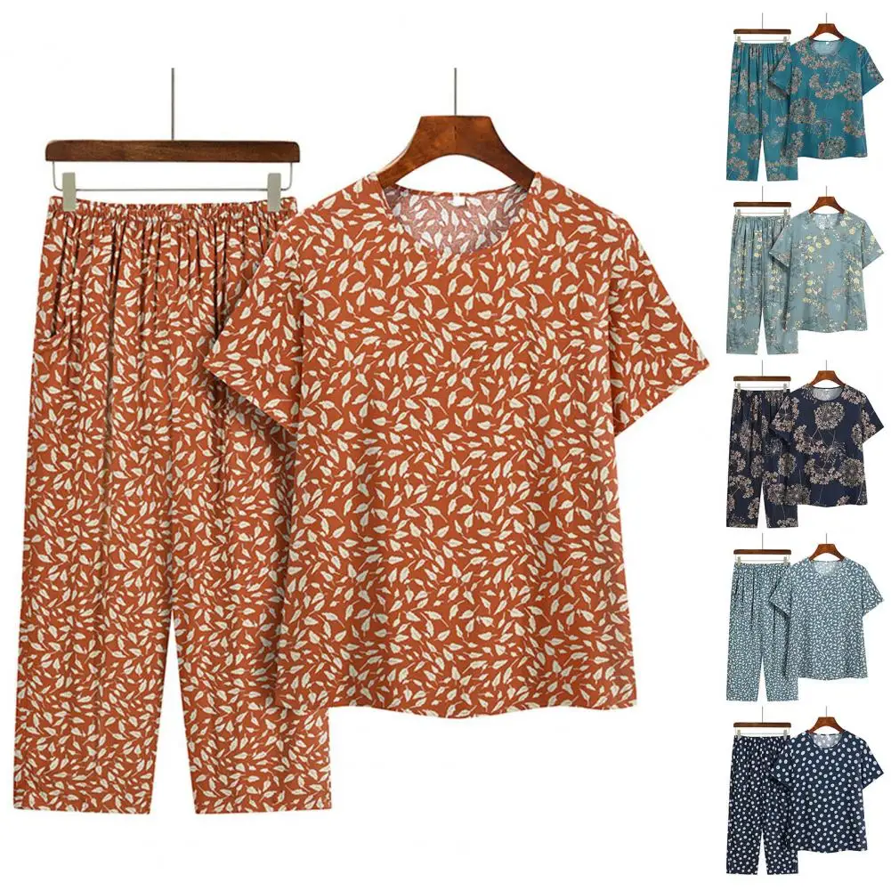 Ladies Pajamas Suit Stylish Mid-aged Grandmother Homewear Set Floral Print Pajamas with Wide Leg Trousers Elastic Waist