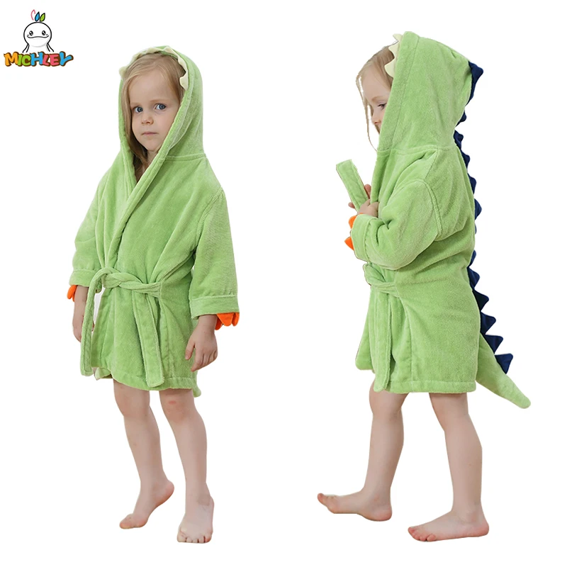 MICHLEY Animals Dinosaur Hooded Baby Bathrobe Cotton Soft Infant Bath Towel Robe Pajamas For Kids Boy Girl Children Winter 1-5T