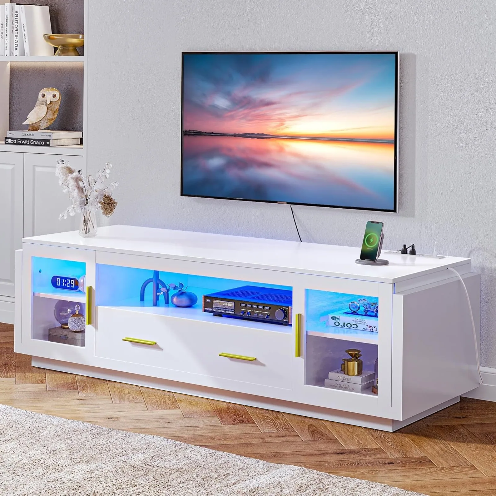 

US Stand with Power Outlets, Modern Entertainment Center Media Console with, Ideal TV Stands for Living Room,