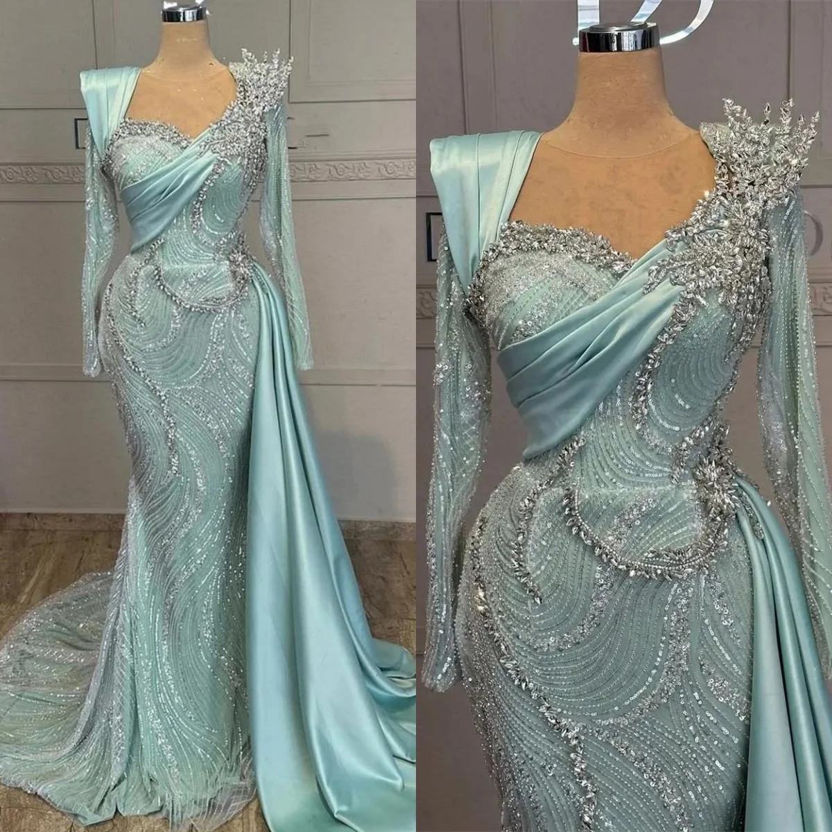 

Модные вечерние платья с блестками, платье для выпускного вечера со стразами и бисером, со съемным шлейфом и длинными рукавами, вечерние платья русалки, Vestidos De Noche