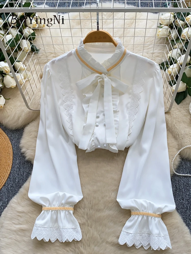 Beiyingni Casual Nieuwe Mode Vrouwelijke Tops Luxe Kpop Boog Kant Patchwork Volledige Mouw Shirts voor Vrouwen Effen Herfst Franse Blusas