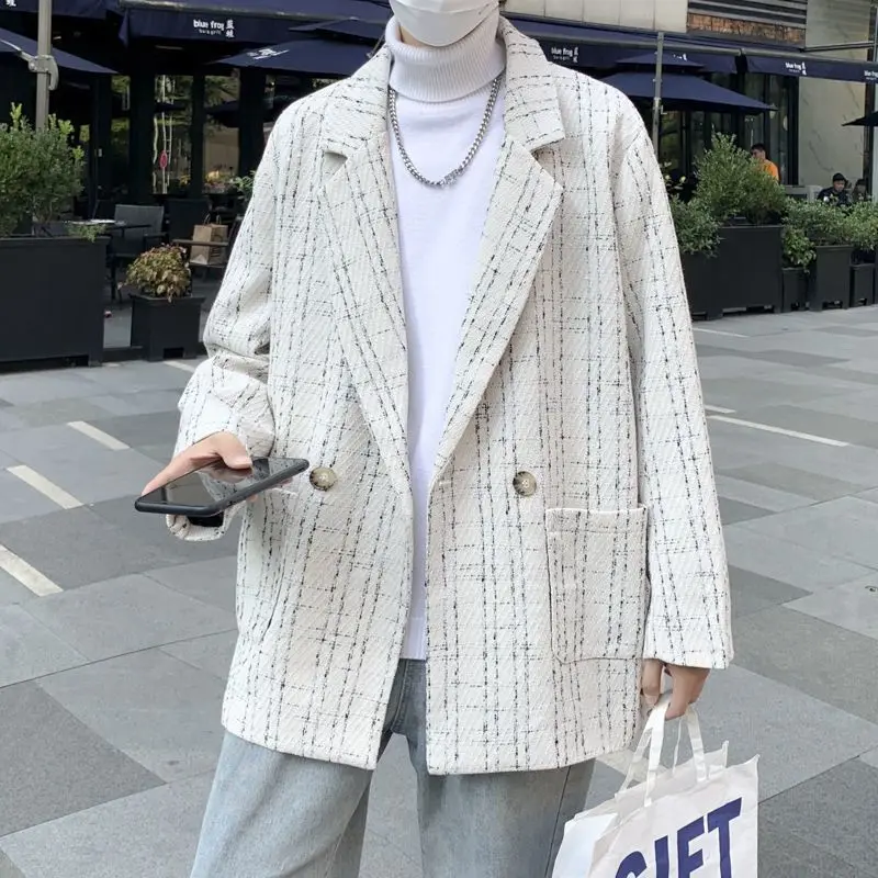 Xiaoxiangfeng Suit Men's Jacket Lazy Wind Ruffian Handsome Korean Version Loose Handsome Woven Fabric Plaid Suit Trend
