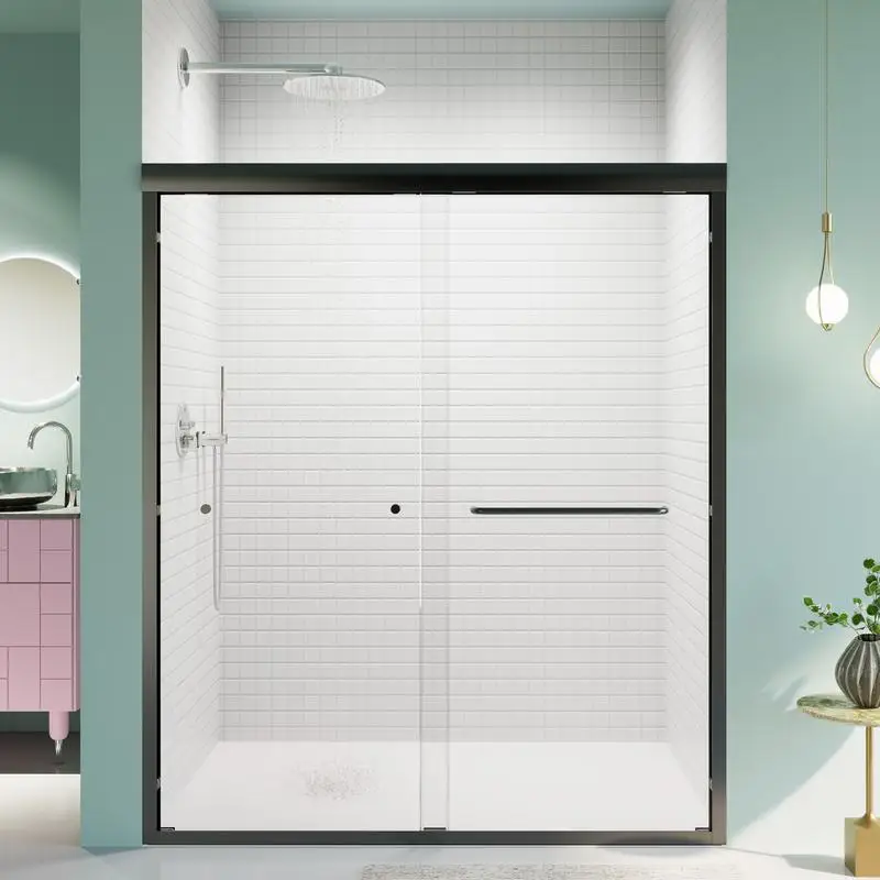 

56-60" W x 70" H Semi-Frameless Double Sliding Bypass Shower Door, 1/4" (6mm) Thick Tempered Glass, Matte Black Finish