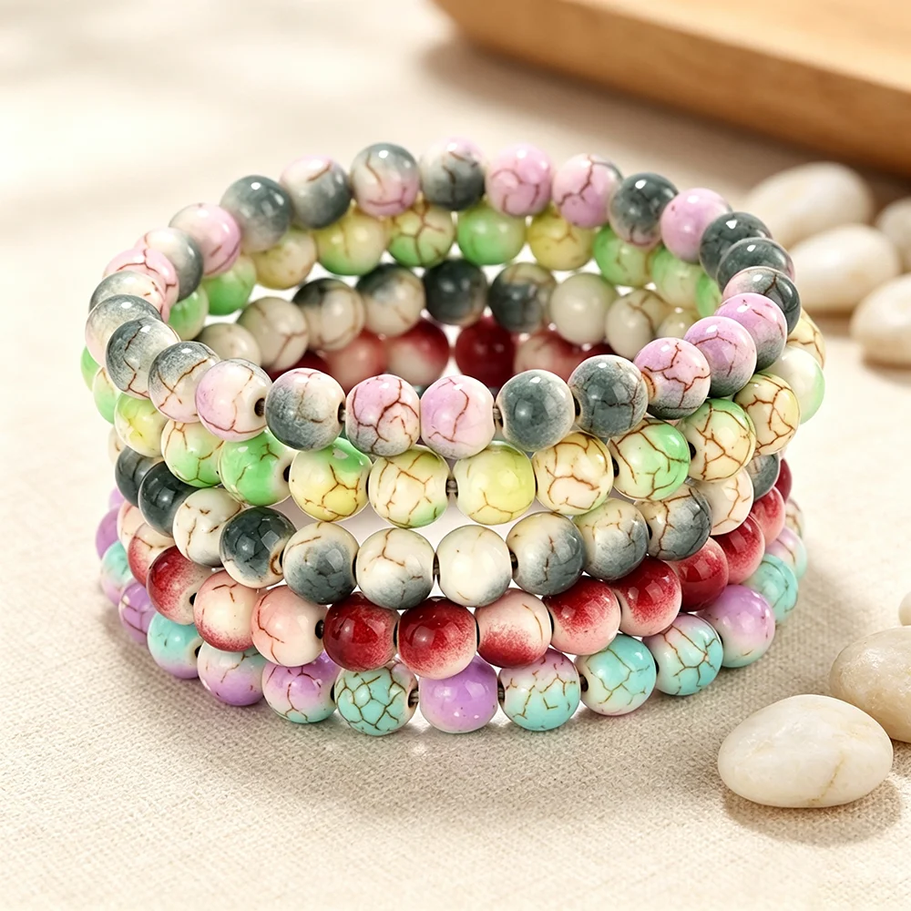 Economic 5Pcs/Pack 8mm Ceramics Beads Bracelet Women 2 Sizes Handmade Bicolor Ice Crackle Beaded Braslet Casual Female Jewelry