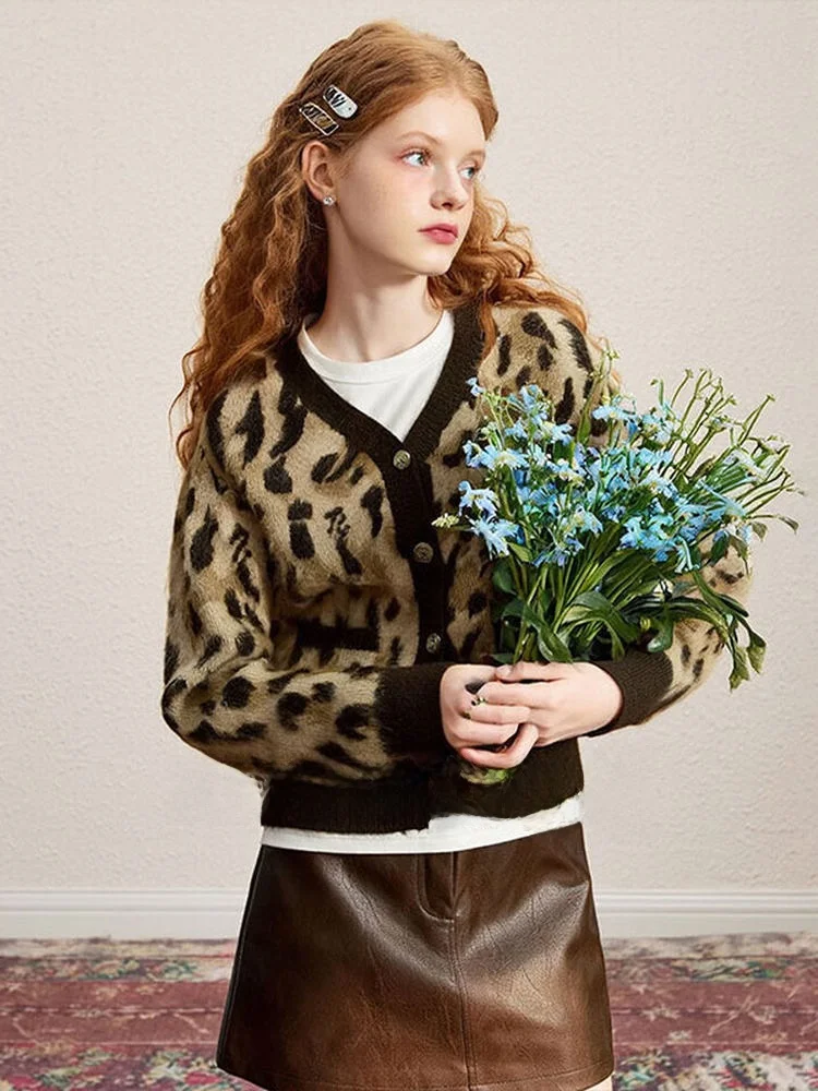 

Женский кардиган ZhuoZhi American Sle V-ne с леопардовым принтом, длинными рукавами, облегающий, мягкий, вязаный, осенняя новинка