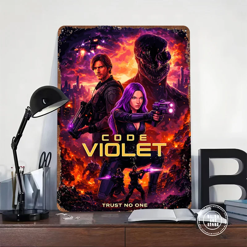 Code Violet: Sci-Fi Action Metal Poster Customized Wall Art Retro Vintage Metal Signs for Man Cave Decoration Aesthetic House