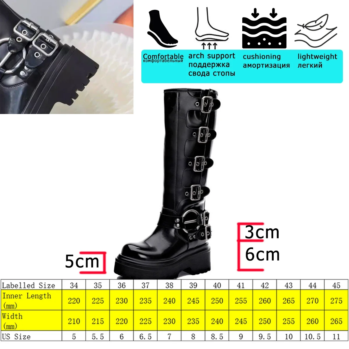 Krasovki  9cm Women Knee High Boots Chunky Heel Motorcycle Boots Vintage Punk Boots Genuine Leather Platform Women Boots Women