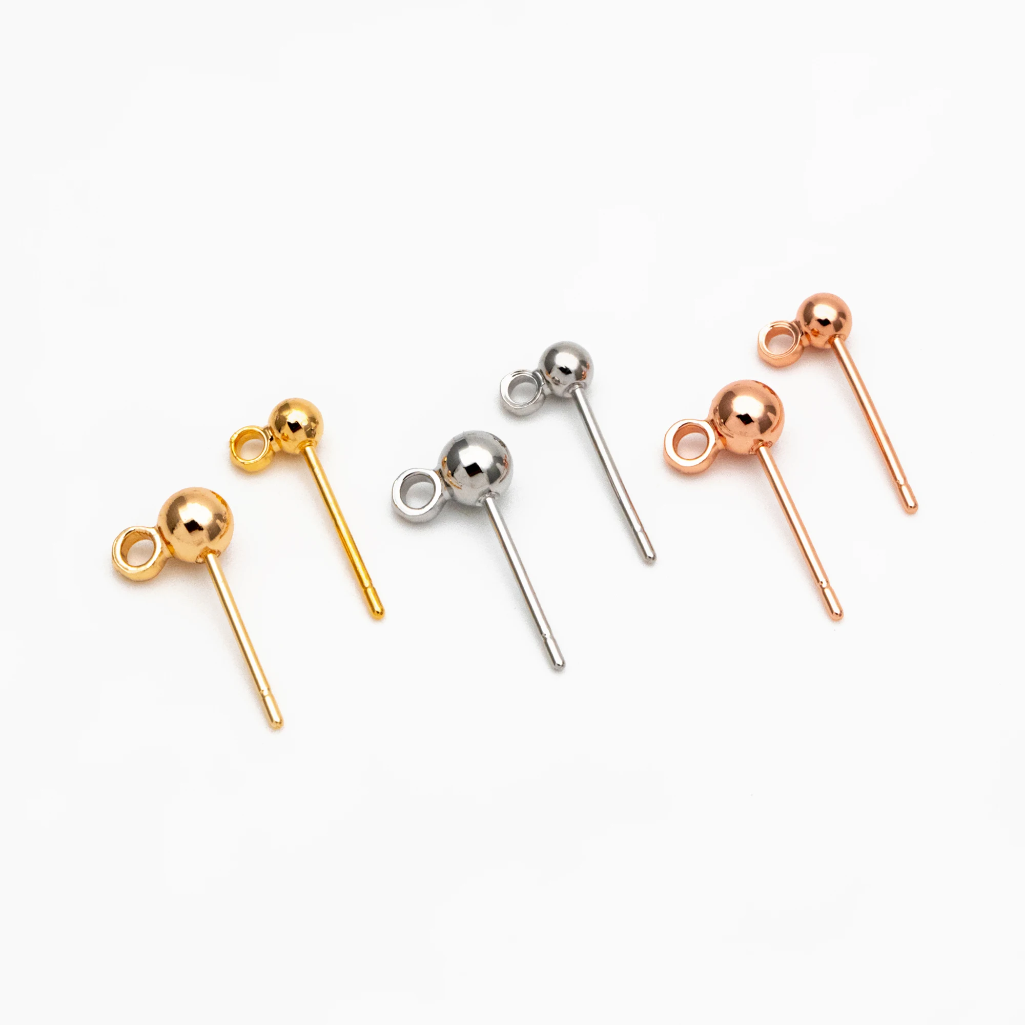 20pcs Gold/ Silver/ Rose Gold Earring Posts, Stud Earring with Loop, 3mm/ 4mm Ball Size For Jewelry Making Diy Supplies (GB-443)