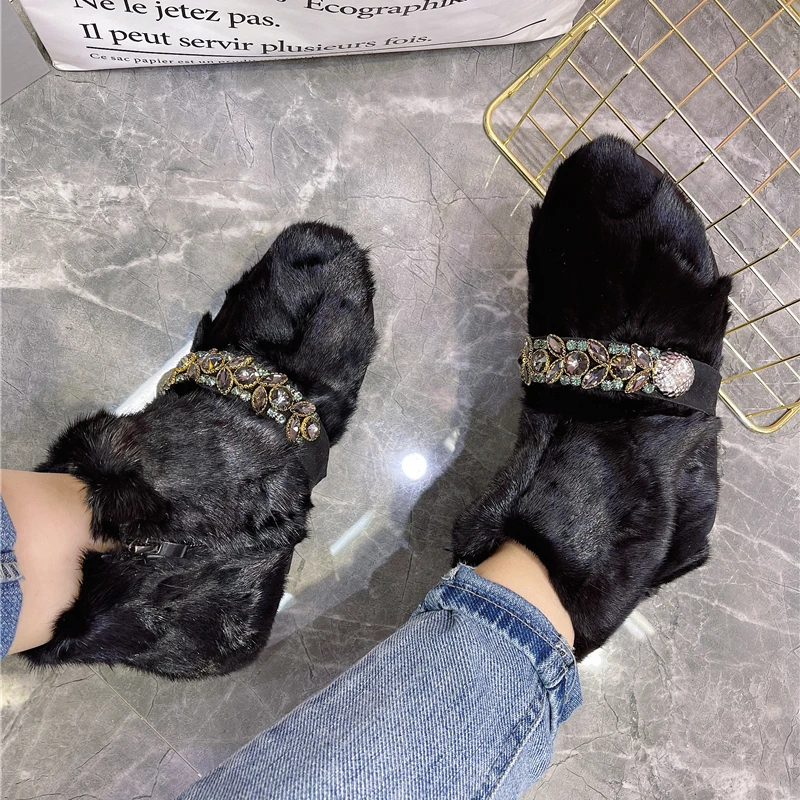 Black Women Furry Ankle Boots 2024 New Winter Warm Botas Femininas Mink Fur Snow Boot Flat Shoes Platform Creepers