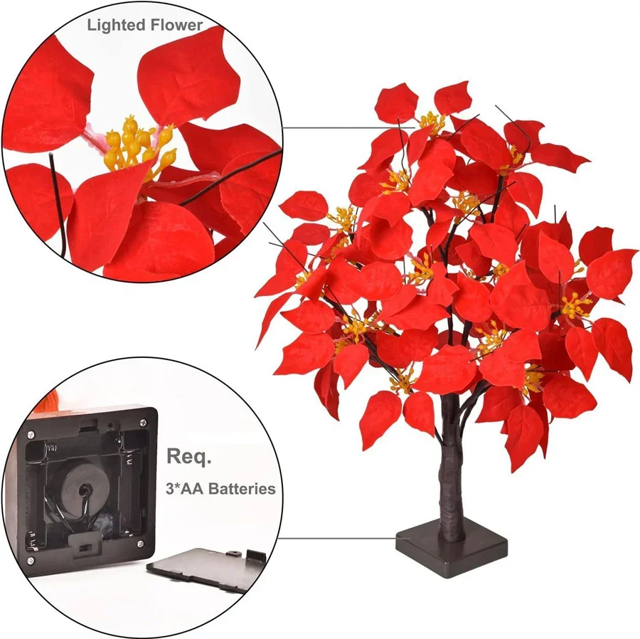 Árvore de flor de poinsétia artificial iluminada de 60cm, árvore de natal operada por bateria, árvore de poinsétia para decoração de férias