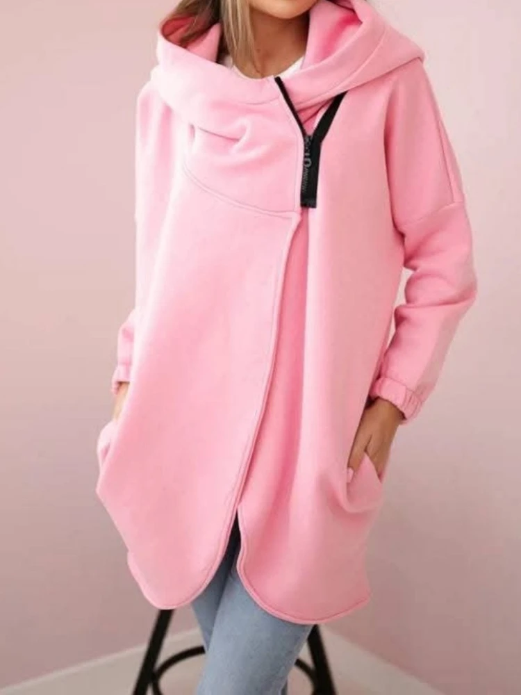 

Новые женские пальто с капюшоном, однотонные куртки большого размера на молнии, с длинными рукавами, со средней посадкой, толстые свободные посадки, офисные женские повседневные