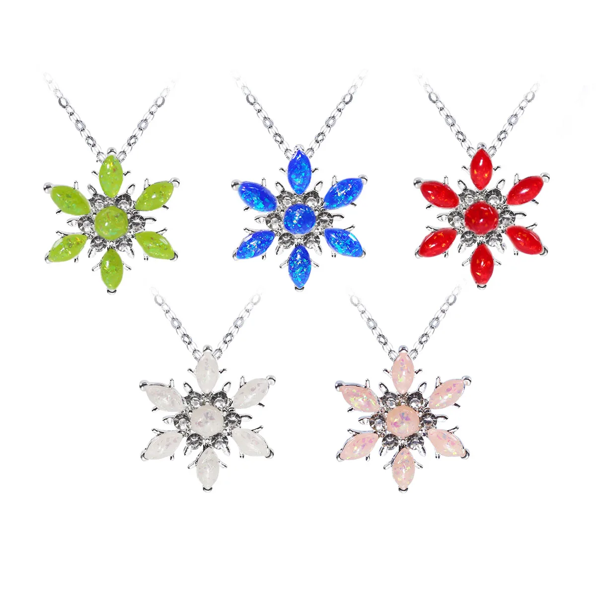 White Created Opal Snowflake Necklace Silver Snow Flower Christmas Jewelry for Women Winter Gift