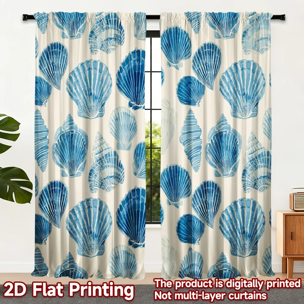 Coastal Nautical Blue Scallop Shell Pattern Curtains 2pcs Beachy Window Curtain Panel for Living Room Bedroom Home Decor