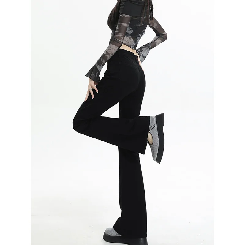Women's 2025 Black Micro Flared Jeans High Waist Short Stature Slimming Horseshoe Long Pants