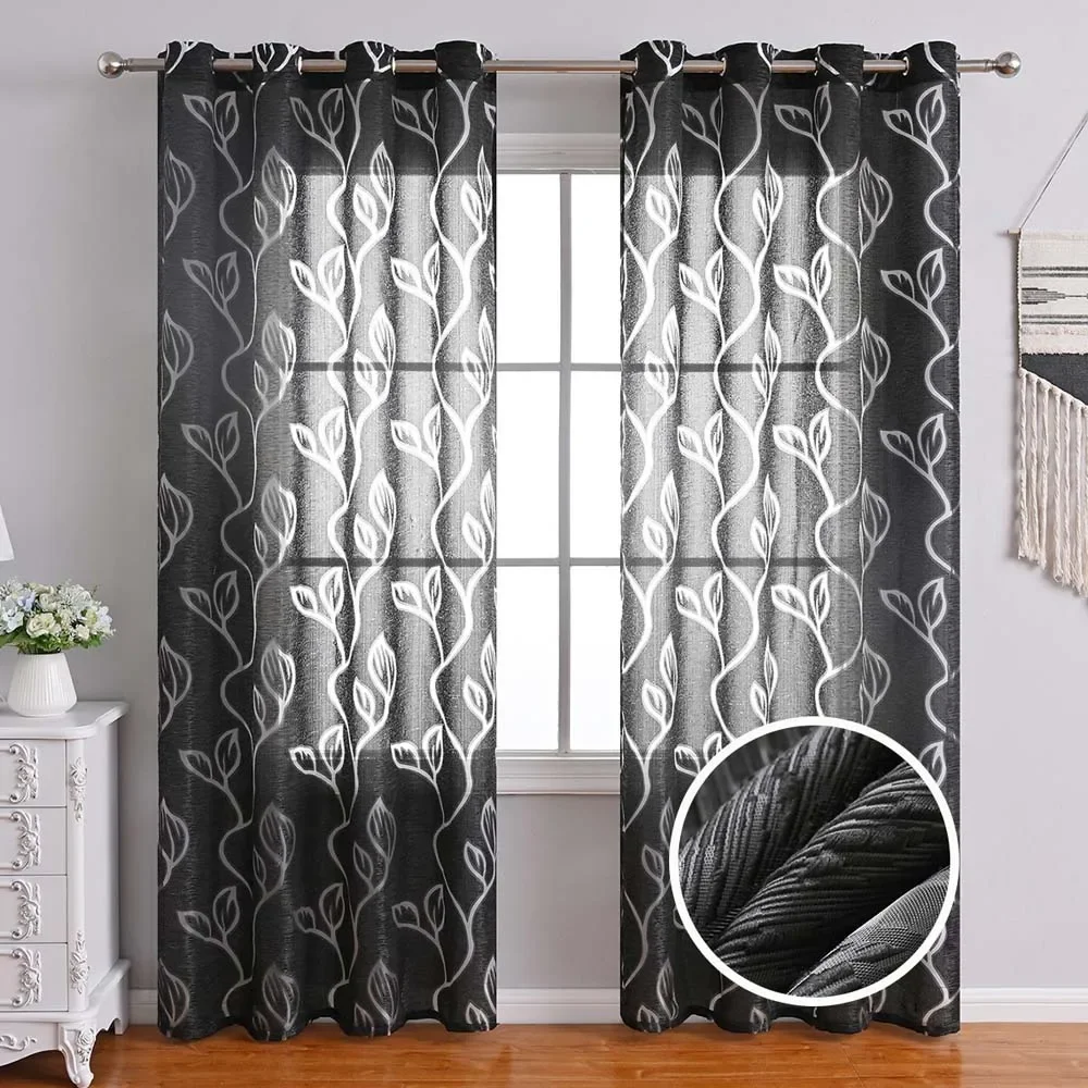 

Vintage Floral Embroidery Clear Lace Curtain Panel - Privacy & Light Filtering Machine Washable Semi-shading Woven Curtains