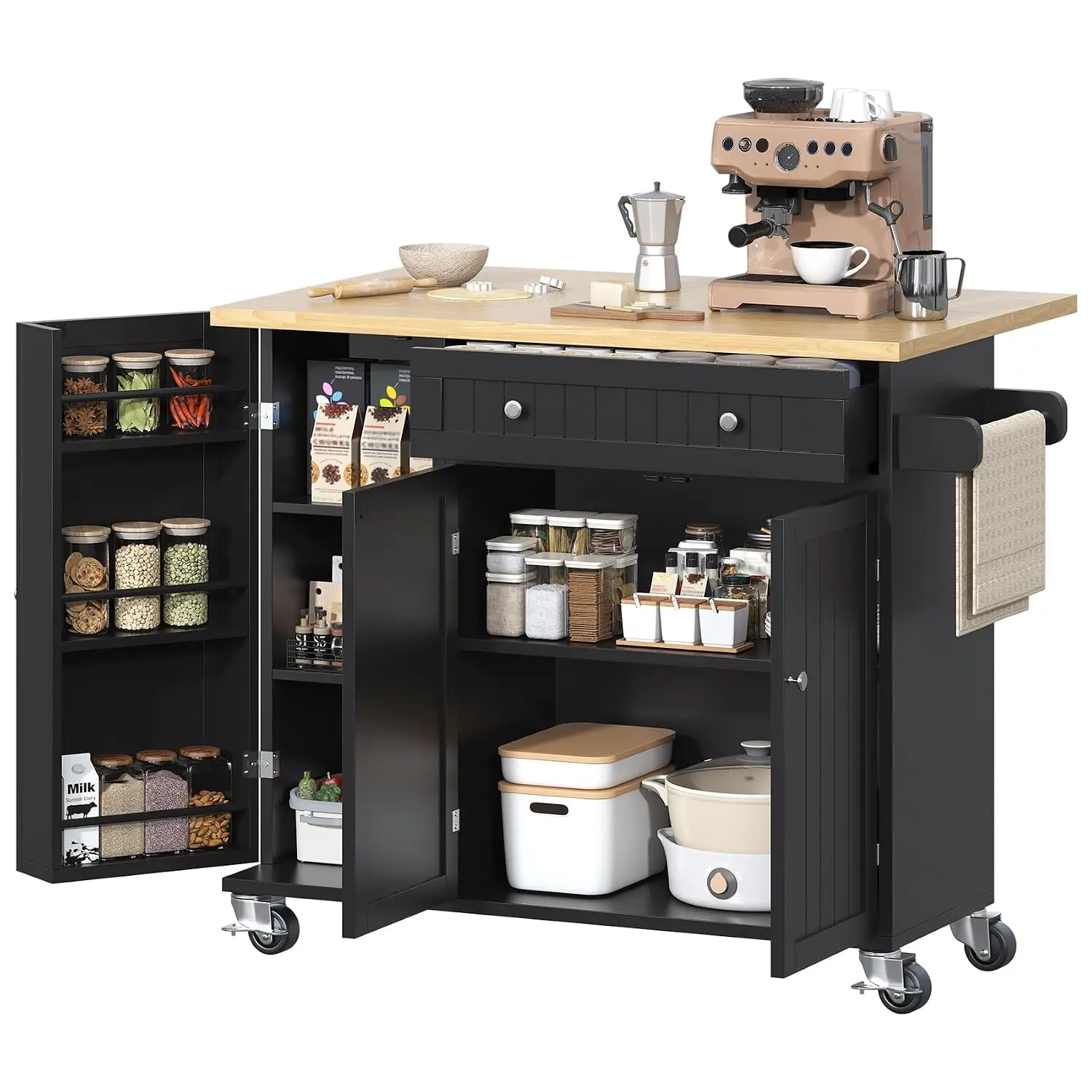 Kitchen Island Cart with Drop Leaf, Wheels, Storage Cabinet & Doors, Rolling Sideboard for Dining Room, Black, Customized