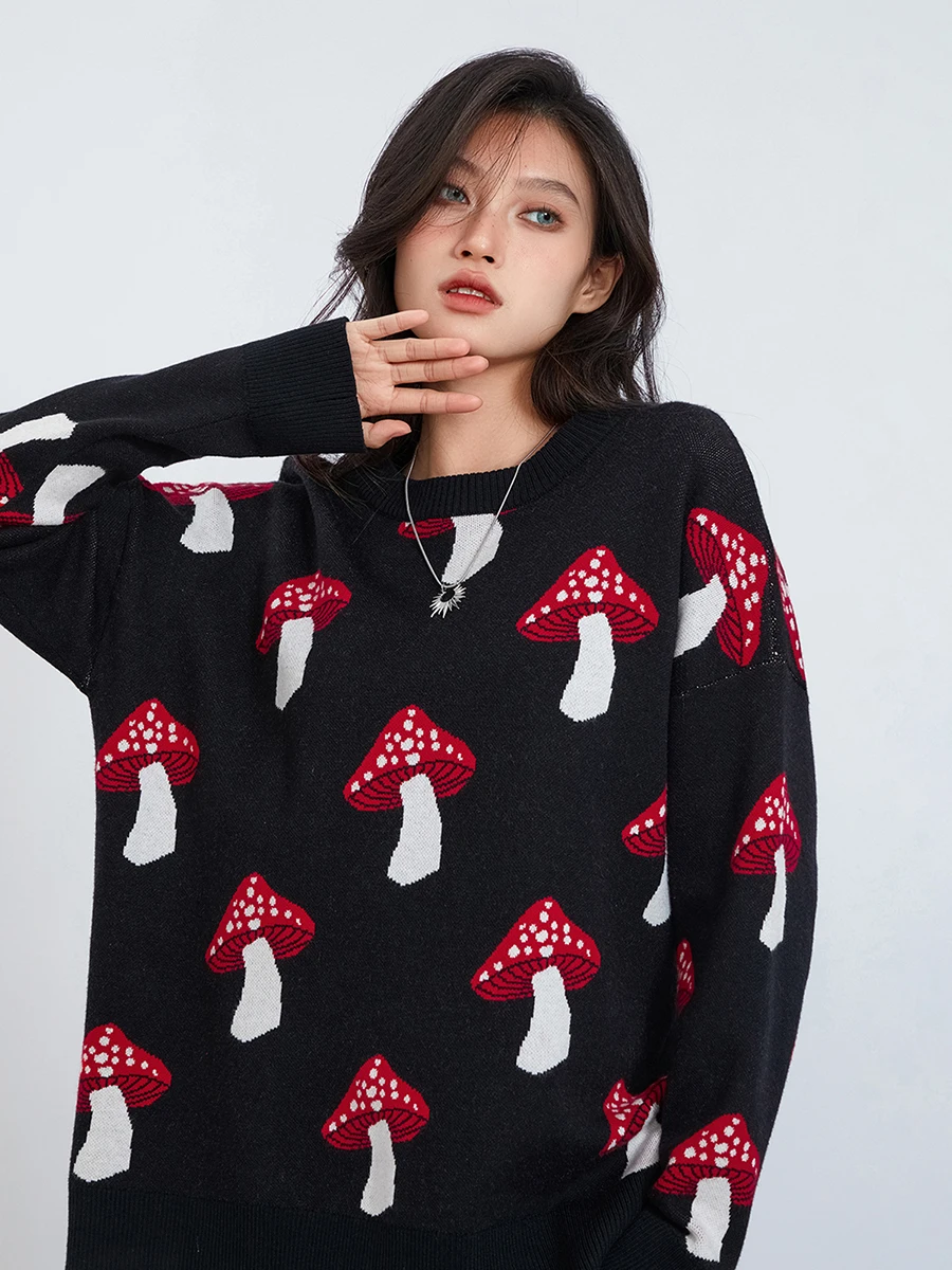 wsevypo Mushroom Print Loose Knit Sweaters Fall Winter Women\'s Casual Pullovers Street Basic Long Sleeve Crewneck Jumpers