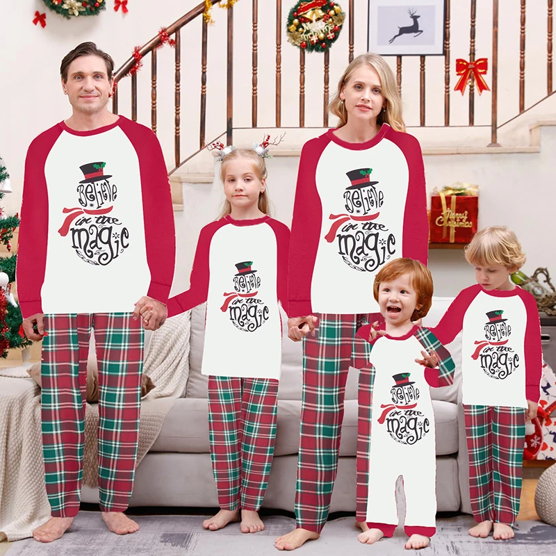 

Festive Holiday Matching Family Pajamas Set with Reindeer Print Tops and Cozy Plaid Pants for Christmas Loungewear