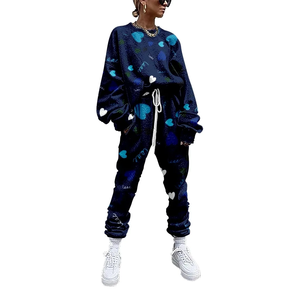 

Women Love Printed Tracksuit 2 Piece Outfit Sweatshirt+Straight Sweatpants Matching Set Fitness Sporty Streetwear