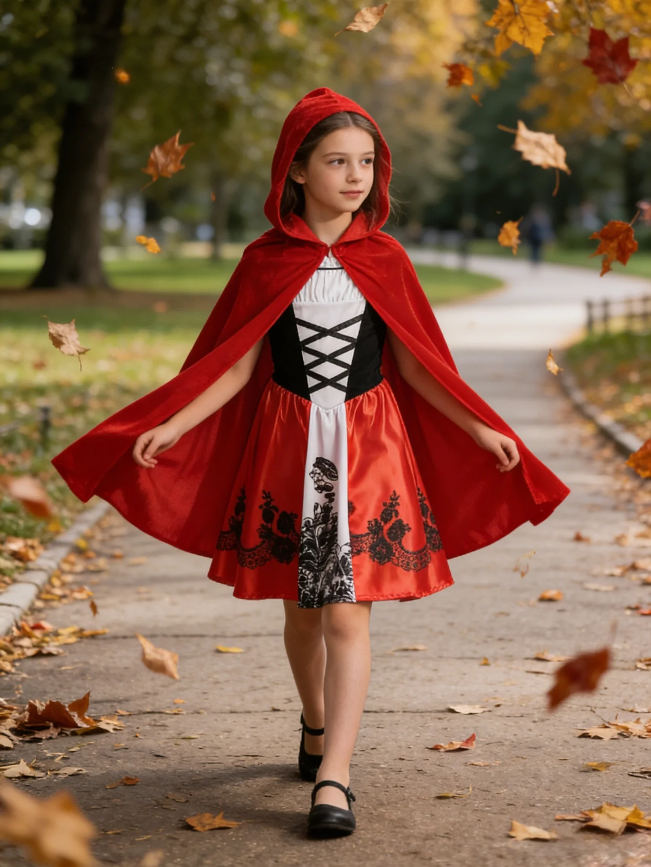 Girls Little Red Riding Hood Costume 2-Piece Hooded Cape Dress Halloween Fairy Tale Cosplay Outfit
