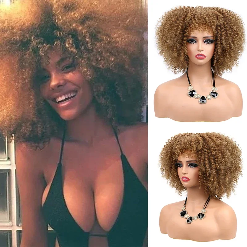 

Short Afro Kinky Curly Wigs with Bangs Synthetic Curly Wigs for Women Natural Ombre Blonde Cosplay Wig Heat Resistant Hair