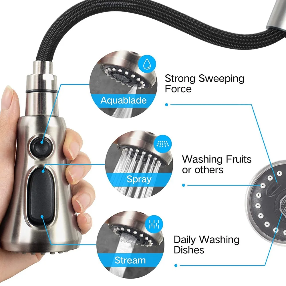 Universal G1/2 Pull Out Shower Nozzle Sprayer 3 Function Kitchen Faucet Spray Head Sink Tap Mixer Replacement Accessory Aerator