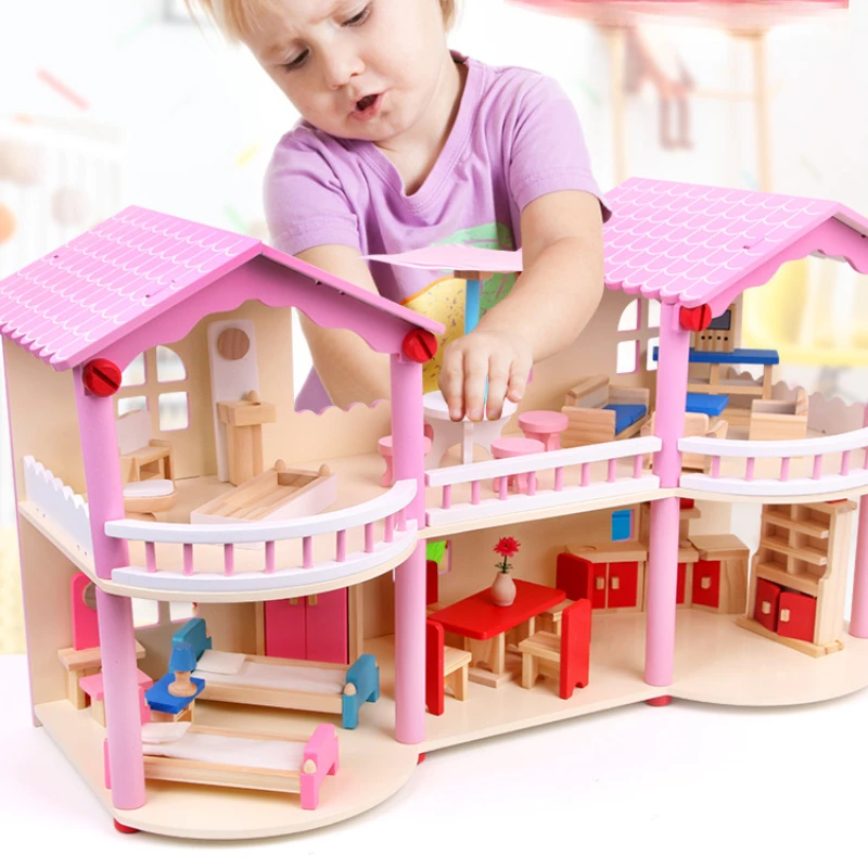 Children Toy Diy Wood Girls Princess Villa Double Thiy House Miniature Dollhouse Accessories Furniture Montessori Social Games