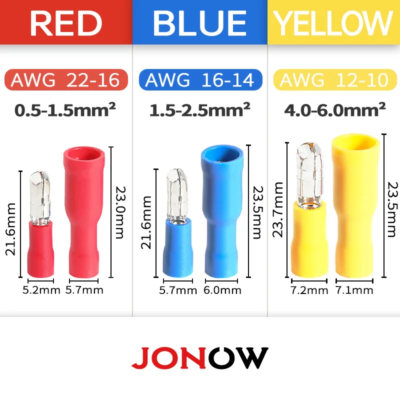 50PCS Assorted Female Male Bullet Butt Connector Insulated Crimp Wire Terminals Quick Splice Wiring Cable Plug for 22~10AWG