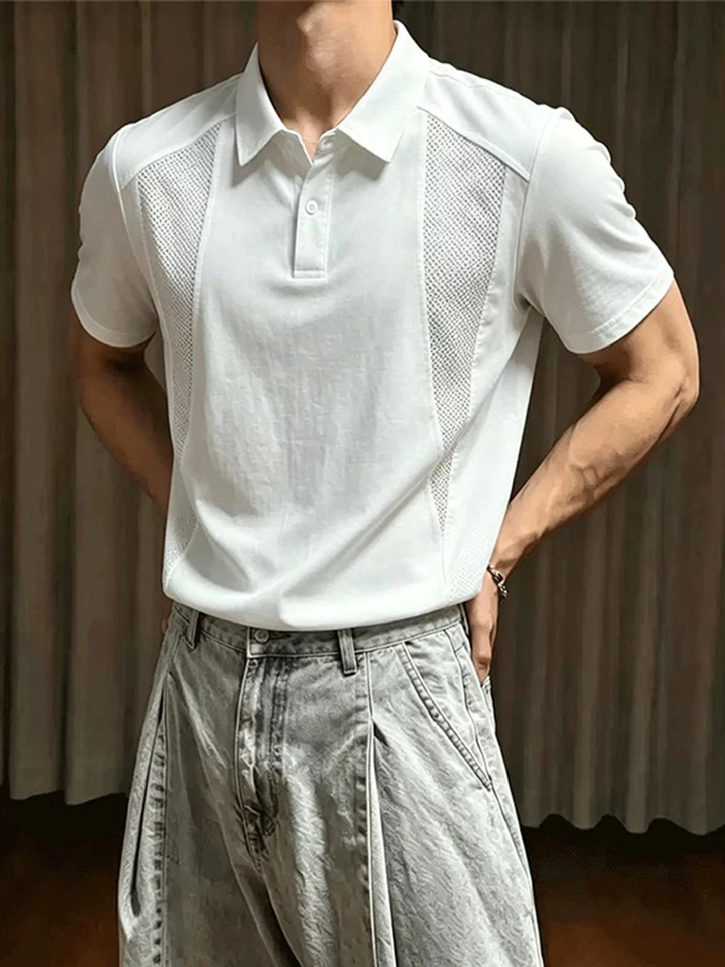 Quick Dry Casual Short Sleeve  Shirt Men's Summer Breathable Mesh Patchwork Flip Collar T-Shirt Lightweight Boxy Fit