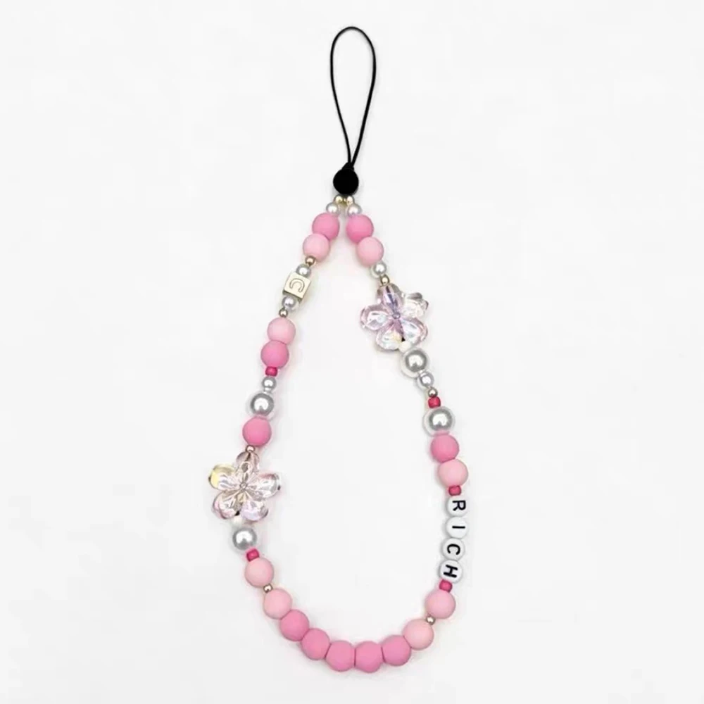 

Pink Flower Beads Phone Charm Mobile Phone Accessories Short Straps for IPhone Lanyard Bracelet for Galaxy